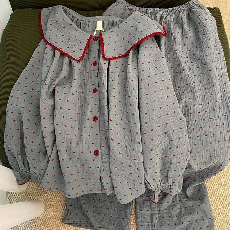 Baby Doll Collar Blueberry Jam Polka Dot Pajamas for Women Cloud Cotton Spring and Autum Long-Sleeved Pants Lace Korean Style Home Wear Set