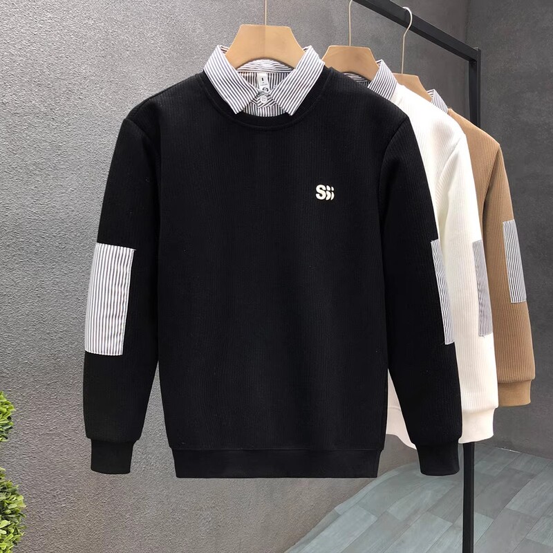 2025 New Autum Men's Shirt Collar Long-Sleeved Bottoming Shirt Classy Fake Two-Piece Sweatshirt Men's Trendy Brand Spring and Autum Tops