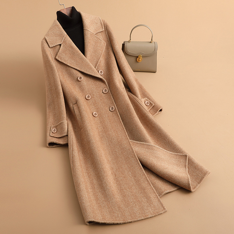 羊毛外套女双排扣中长款2025秋季新款流行韩版西装领双面羊毛大衣