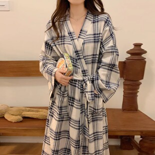 Japanese Style Nightgown Girl's Spring and Autumn New Long-sleeved Simple Casual Bathrobe Long Loose Kimono Ins Style Home Clothes