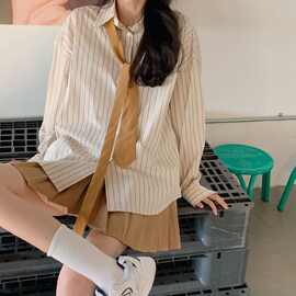英伦风复古条纹衬衫女法式宽松大码新品长袖衬衣春秋新款学院上衣