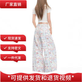 现货批发涂鸦印花白色高腰阔腿女美式复古设计感拖地裤长裤加长