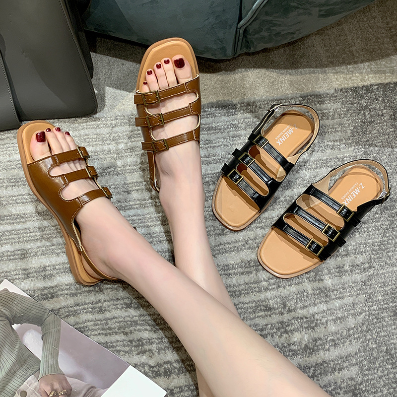 2024 sommer Neue frauen Casual Quadratischen Kopf Römische Schuhe mit Flachem Boden Sandalen_voghion.com