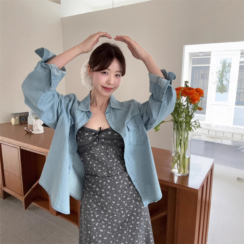 Women's Spring Outfit Set: Loose and Simple Layered Denim Shirt, Pure Floral Camisole, Waist-Cinching Slimming Dress