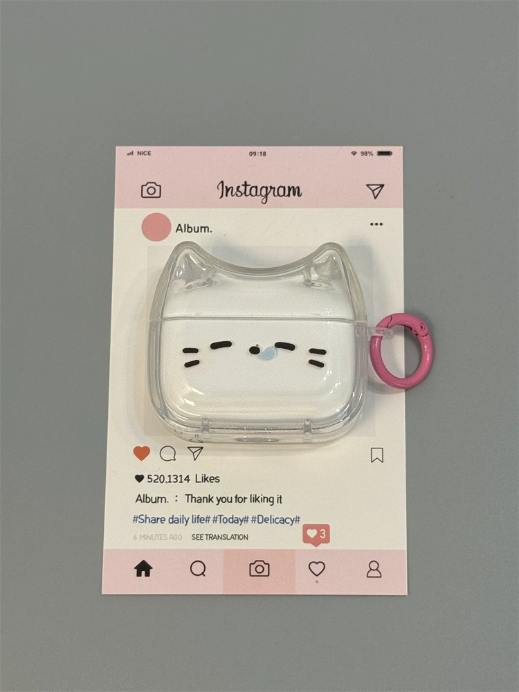 Защитный чехол (Apple) для AirPods 1/2/3/4 и Pro/Pro2/Pro3 — милый котик, прозрачный чехол с крючком, 25 г