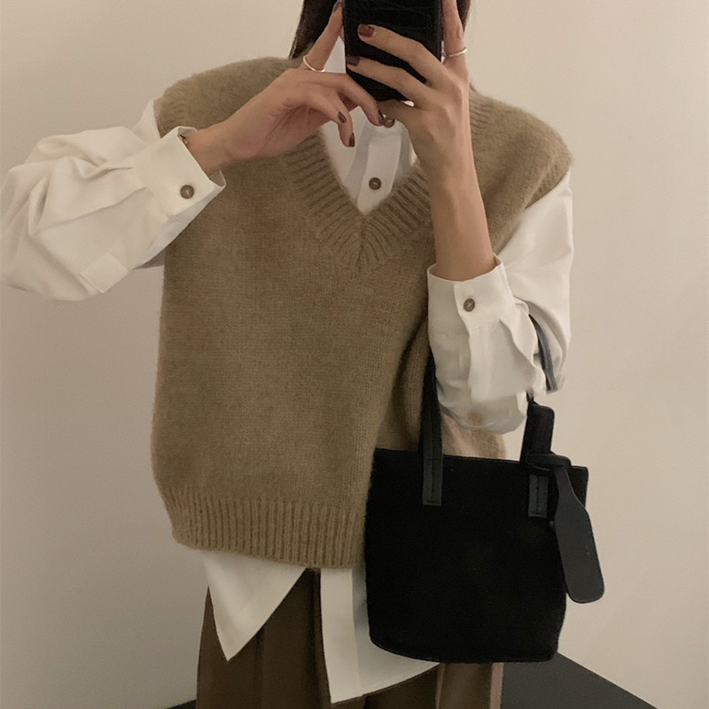 Chaleco de punto con cuello en V para mujer 2023 otoño e invierno nuevo estilo suelto y perezoso