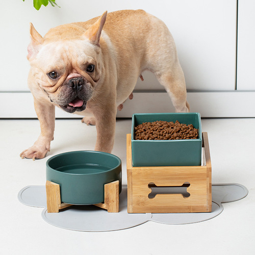 Pet Bowl Set for Dogs and Cats - Dual Bowls for Food and Water, Anti-Toppling High-Stand Ceramic Pet Feeding Tray with Dog Bowl for Eating and Drinking, Protects Neck Cervical Area