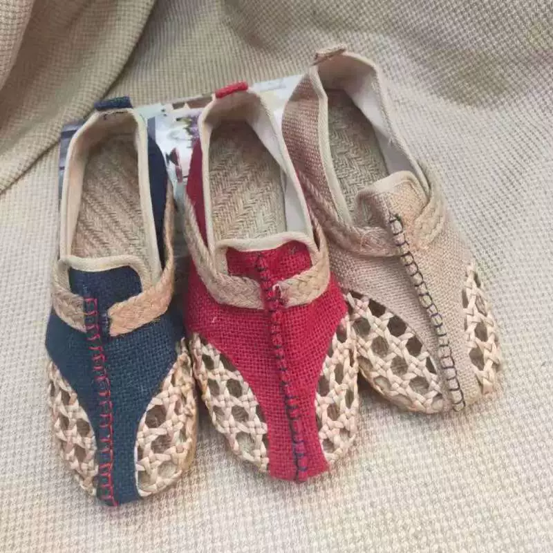 Летние новые плетеные плоские сандалии в этническом стиле с вышивкой, дышащие льняные женские туфли с круглым носком, ручной работы из ткани.