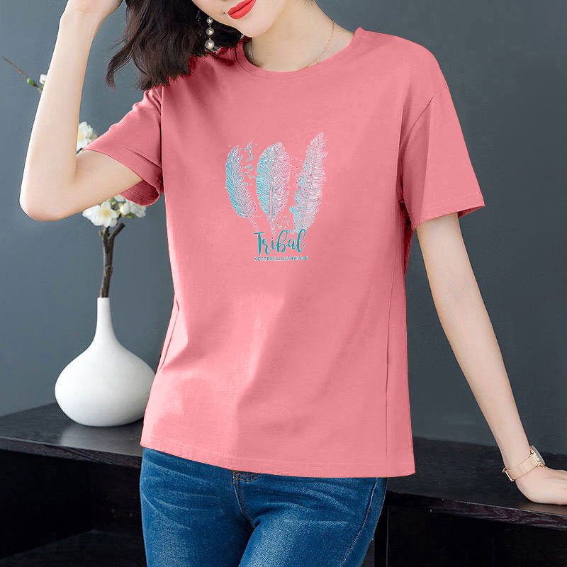 Summer Short-Sleeved T-Shirt for Women Ins Trbottomy Korean Printed Loose Slimming Look Versatile Large Size Casual Top Pure Cotton Bottoming Shirt Summer Short-Sleeved T-Shirt for Women Ins Trbottomy Korean Printed Loose Slimming Look Versatile Large Size Casual Top Pure Cotton Bottoming Shirt