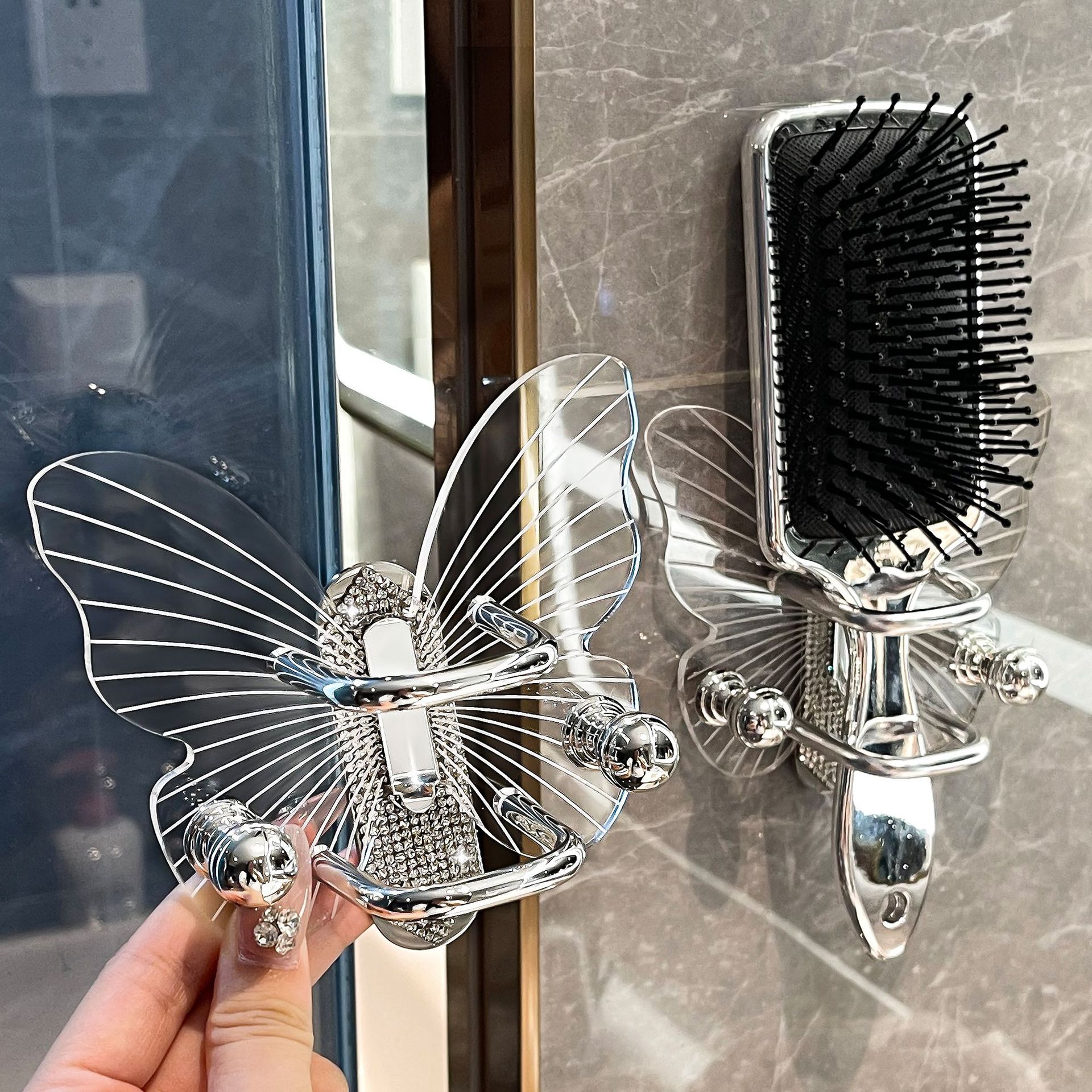 Acrílico peine estante gancho sin perforación anillo de cabello de baño accesorios de cabello de almacenamiento cuerdas de cabello de baño gancho de correa