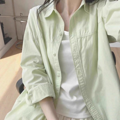 2025爆款纯棉薄荷绿防晒长袖翻领衬衫女士超好看宽松薄款外套上衣
