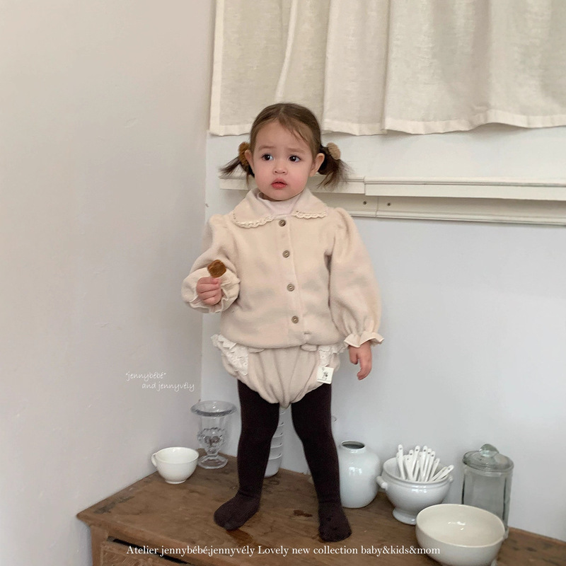 Jennybebe2026 New Autumn and Winter New Warm Polar Fleece Suit for Baby Girls, Cute Lapel Cardigan Overalls