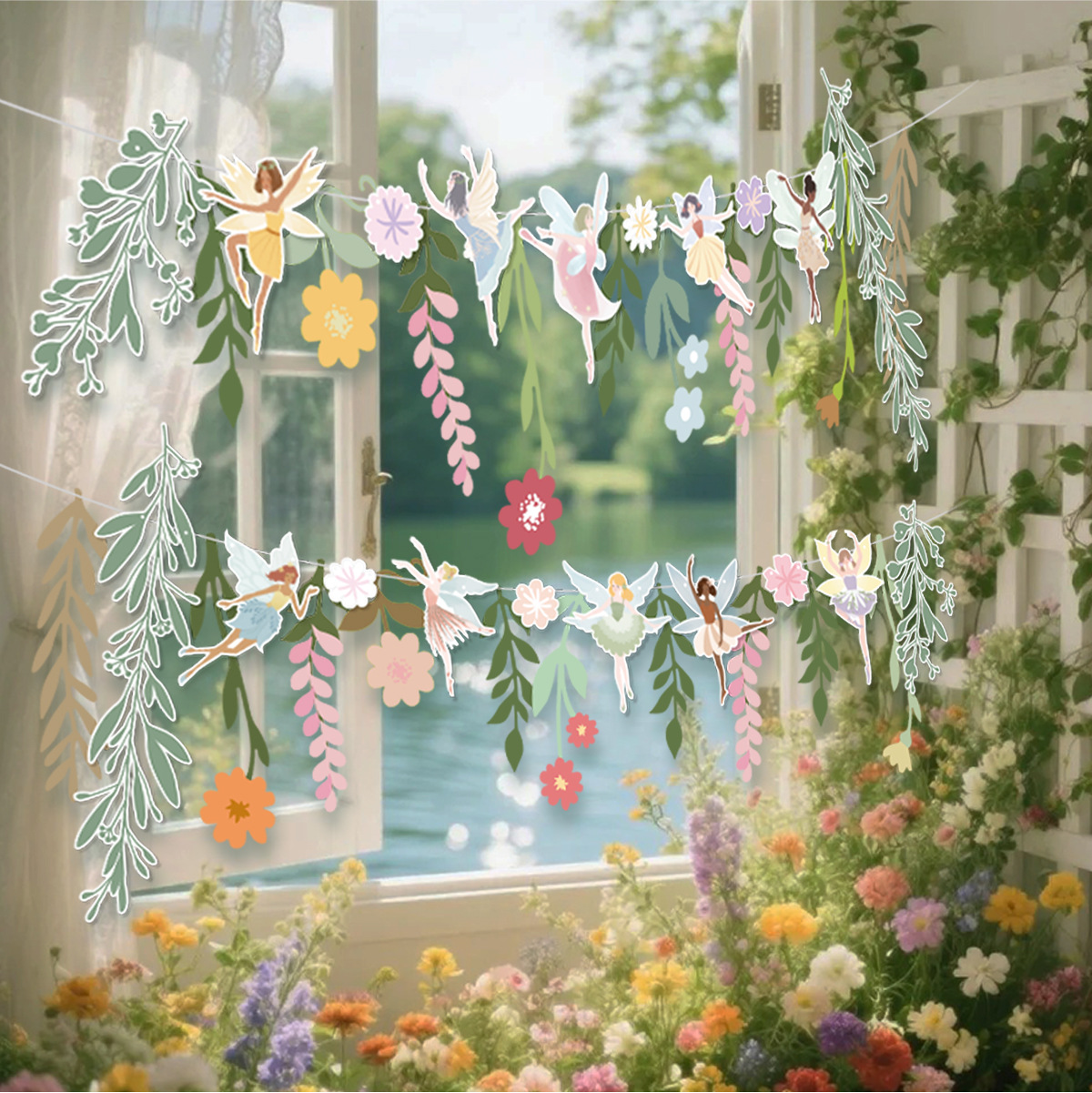 2025ins wind pull flower holiday flower fairy leaf set hanging decoration birthday decoration flower banner holiday decoration 3