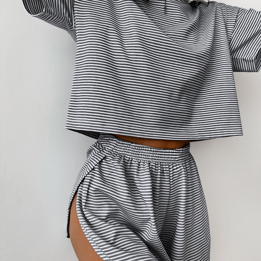 245g Weight Short Sleeve Sleeve Length Pajamas Lingerie Type Pullovers Placket Type Cotton, Polyester Fabric Type Short Top Length Shorts Sets Sets Type 2 Pieces Set Quantity Home Occasion Collarless Neckline Breathable Function Loose Fit Type Stripe Pattern Summer, Spring Season Women's Gender Casual Style Home Women's Casual Stripe Cotton Polyester Shorts Sets Pajama Sets 18