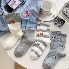 韓國襪子女2025新款卡通小狗中筒襪拼色條紋灰色襪子可愛無骨女襪