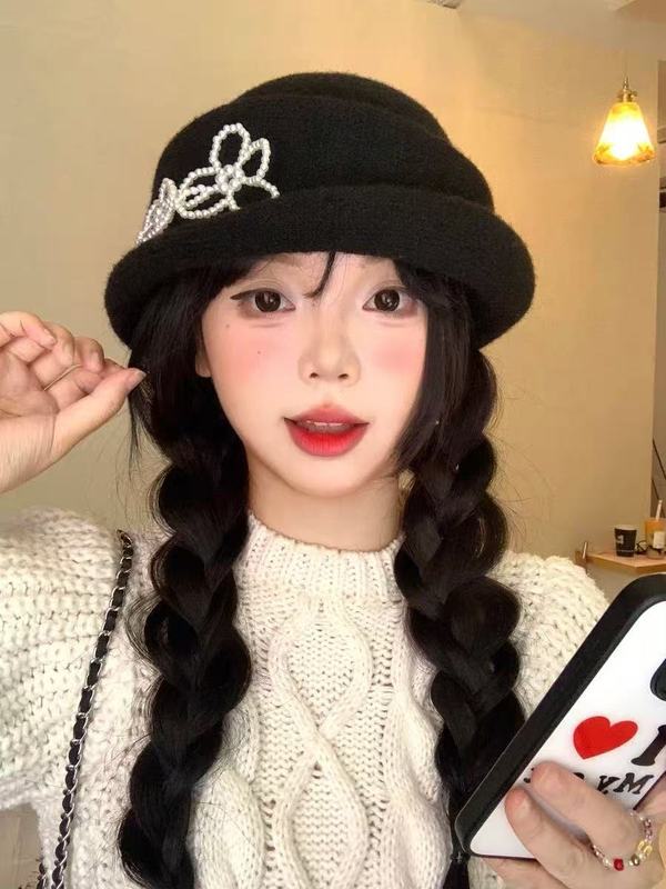 珍珠花朵千金帽子女春秋季法式复古优雅礼帽显脸小黑色针织马术帽|undefined