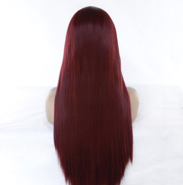 Popular damas rojo oscuro cabello recto largo pelucas de fibra química delantera encaje mitad mano tejida gorra de cabeza comercio exterior LW0093