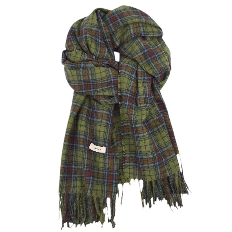Nueva versátil engrosada de alta calidad bufanda de Chal caliente para hombres Estilo coreano retro bufanda a cuadros verde para mujeres Otoño e Invierno