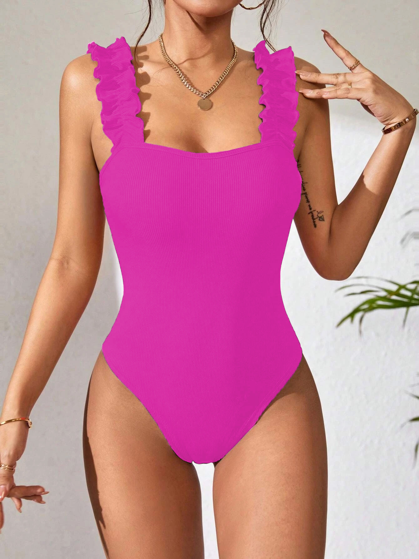 133g Weight Sleeveless Sleeve Length Spandex, Polyester Fabric Type Mid Waist Waist Line Rompers Pants Type Stretchy Elasticity Bodysuits Tops Type Holiday, Daily Occasion Skinny Fit Type Solid Color Pattern Summer Season Women's Gender Ruffles Design Sexy, Streetwear Style Wholesale Women's Sexy Streetwear Solid Color Sleeveless Ruffles Bodysuits 12