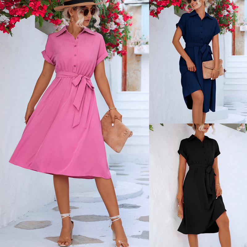 217g Weight Midi Dress Dress Length Type Wholesale Women'S Casual Button Solid Color Daily Shirt Collar Short Sleeve Shirt Dress