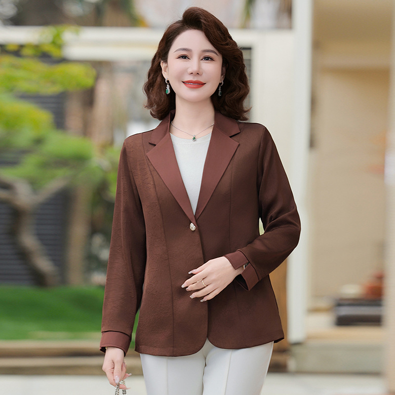 長袖のスーツのコートの女性の春の薄いタイプの2025新型の高級感の小さい背の酢酸のサテンのスーツの上着の女性