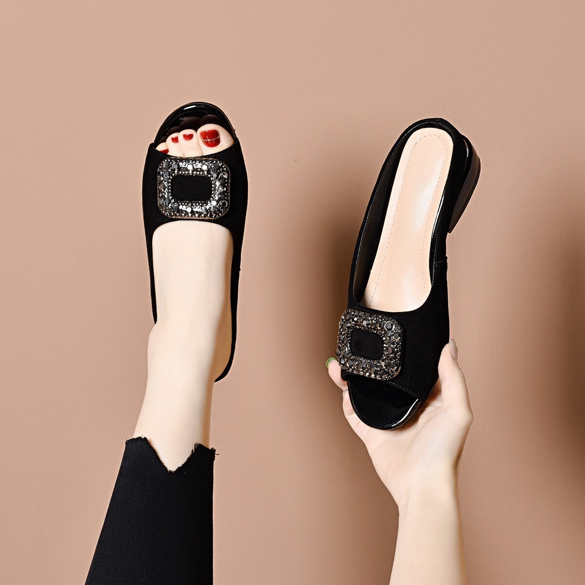 Sandal nữ da thật mũi cá gót vuông thấp đính đá rhinestone — màu đen chi tiết 7