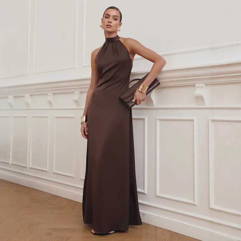 Cross-Border European and American 2025 Summer Hot-Selling Backless Satin Evening Dress Russian Women's Long Dress Fashion