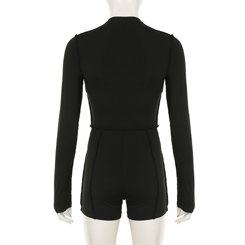 Women Clothing Spring Autumn Long Sleeve Reverse Car Split Zipped round Neck Casual Sports Jumpsuit Shorts