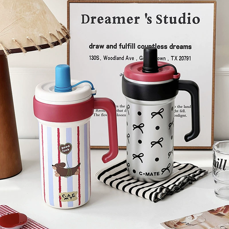 Thermos with glass, capacious high quality tea cup, handheld straw for students