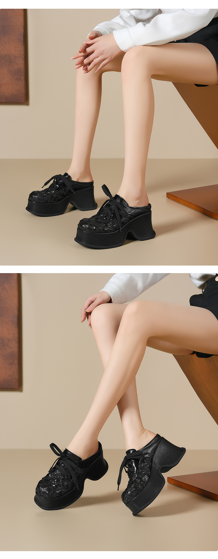 Giày mule nữ bít mũi đế dày da cừu màu bạc, gót 9cm, dệt kim, phong cách lười — Màu đen, Màu bạc chi tiết 8