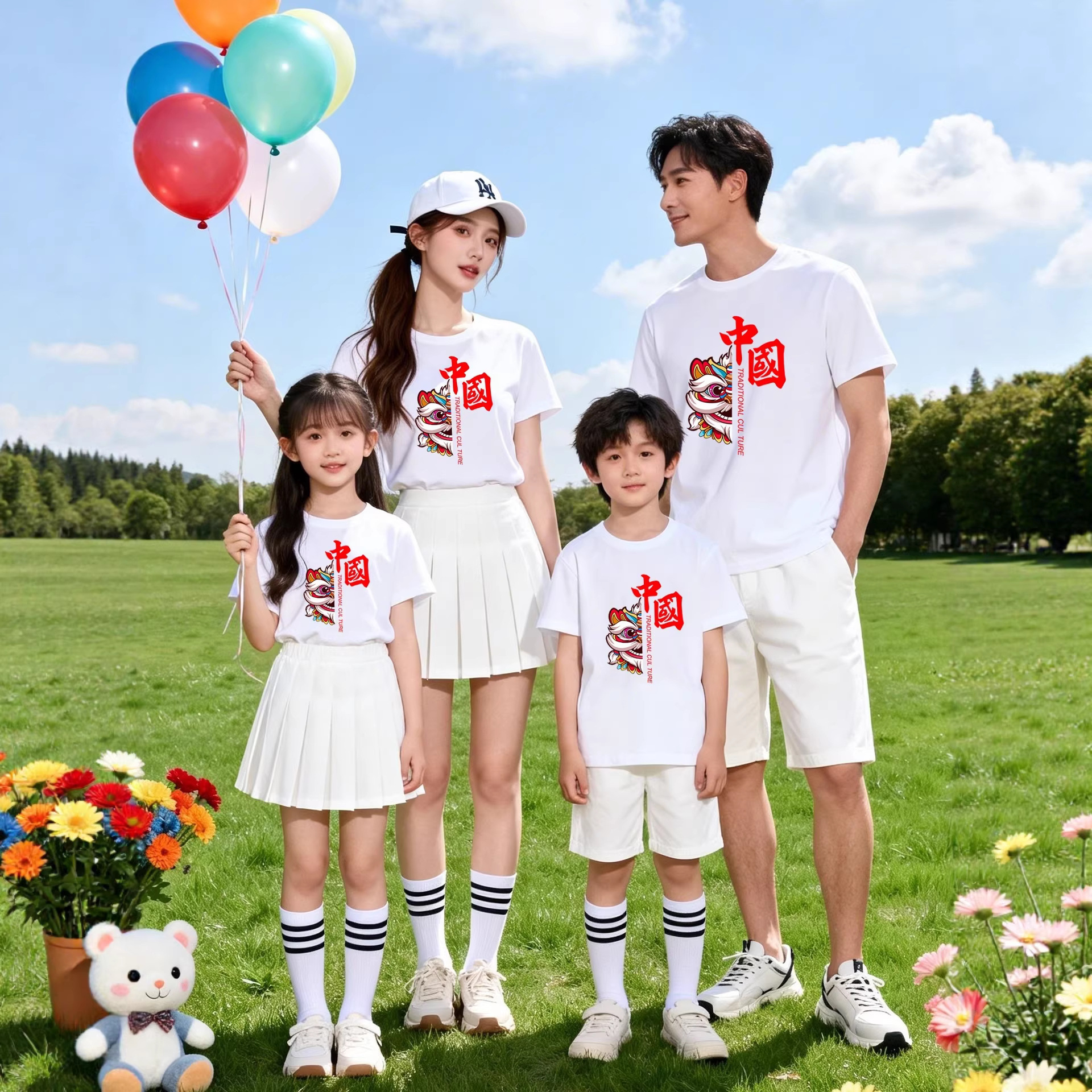 Family Matching Outfits for Children, Summer Pure Cotton Short-Sleeve T-Shirt, Chinese Style, June 1St Performance Cheerleading Top, Red Outfit