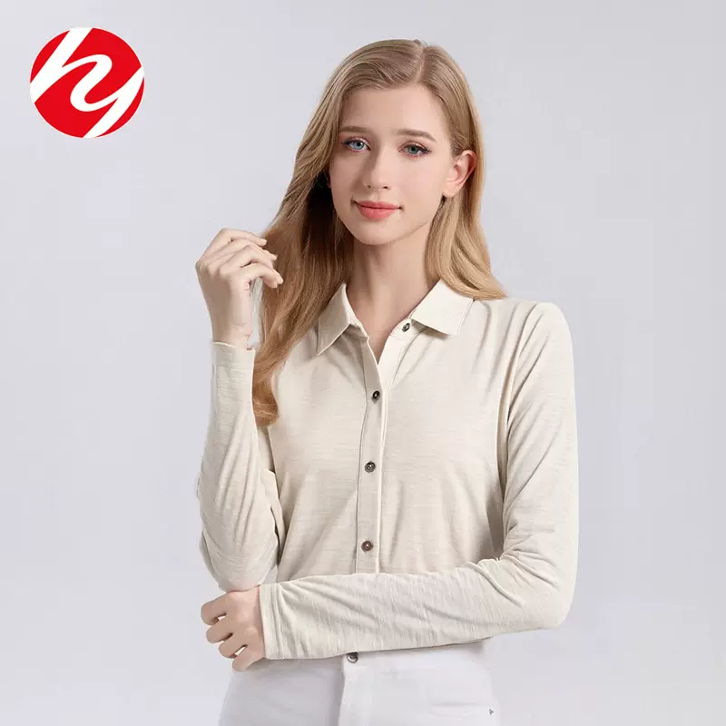 华业秋冬100%超细澳洲羊毛长袖衬衫女士翻领薄款羊毛针织大码衬衣