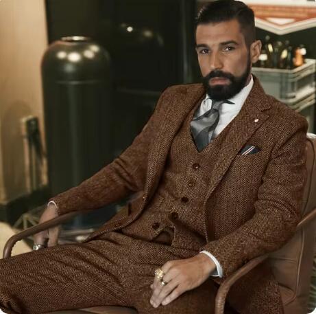 Amazon Herringbone Tweed British Retro Gentleman Slim Suit Three-Piece Casual Suit Trendy Cross-Border