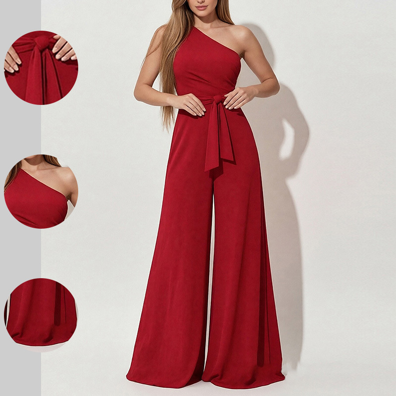 2026 New Spring Women's Clothing Amazon Cross-Border Jumpsuit Commuter Solid Color One-Shoulder Tie Straight-Leg Jumpsuit