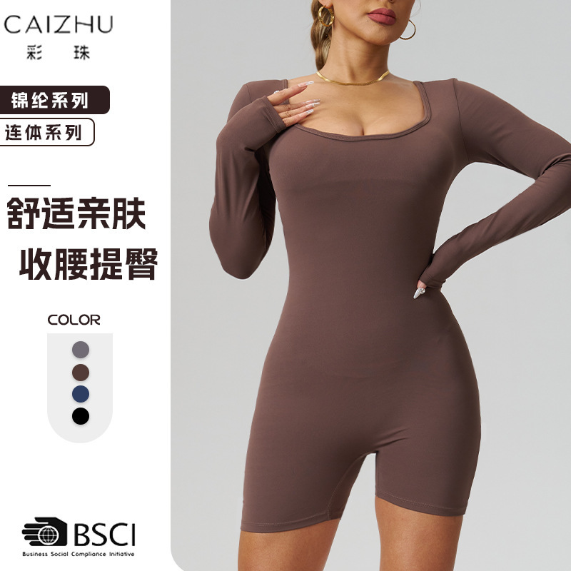国境を越えたヨーロッパとアメリカのワンピースヨガ服、新しいスクエアネック、背中の開いたヒップリフティング、快適でタイトなシェイプアウトドアスポーツフィットネス服|undefined