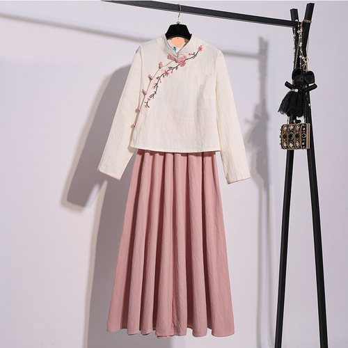 Improved Hanfu Women's Ancient Costume Chinese Style Republican Style Embroidered Cotton Linen Tea Dress Traditional Costume Set