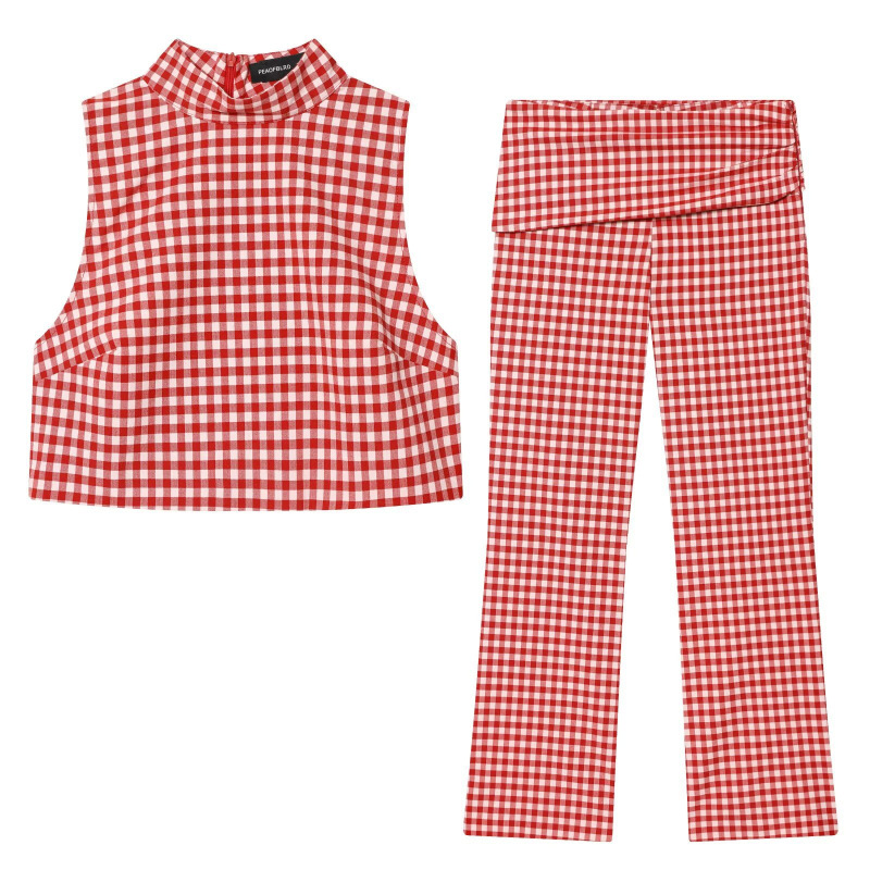European and American Wholesale 2026 Spring New Women's High-Neck Plaid Short Top + Capri Pants B7-13481