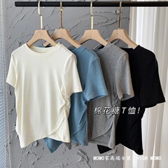 高級婦人服のしわの上着の注意機の裾の側はフォークの不規則なシックなデザイン感の半袖tシャツの女性の夏を開けます。
