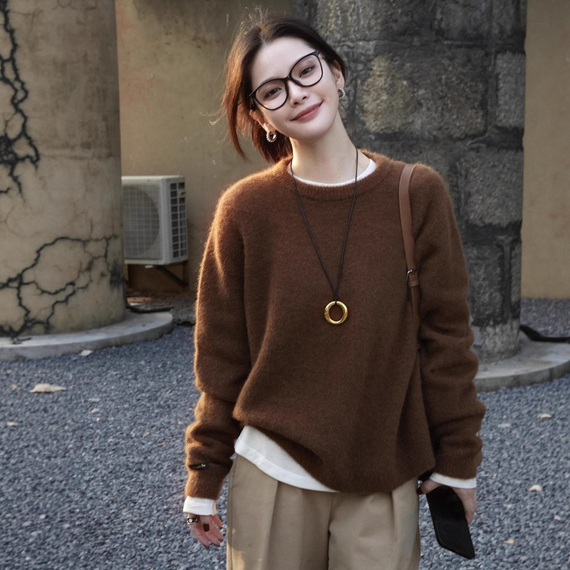 Raccoon Velvet Brown Soft Waxy Loose Pullover Knitwear for Women in Autumn and Winter Retro Outer Wear Lazy Style Bottoming Inner Knitwear