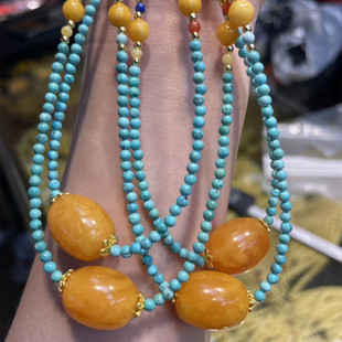 Factory wholesale natural beeswax old wax jujube beads clavicle chain with turquoise new Chinese style necklace