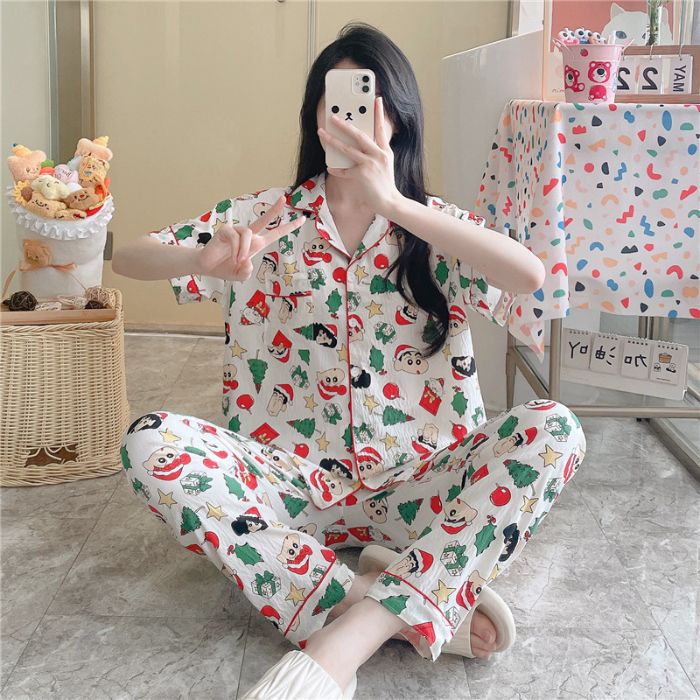 Pijamas transfronterizos al por mayor para mujer nube algodón otoño verano rebeca solapa pantalones de manga corta traje de servicio a domicilio simple y cómodo