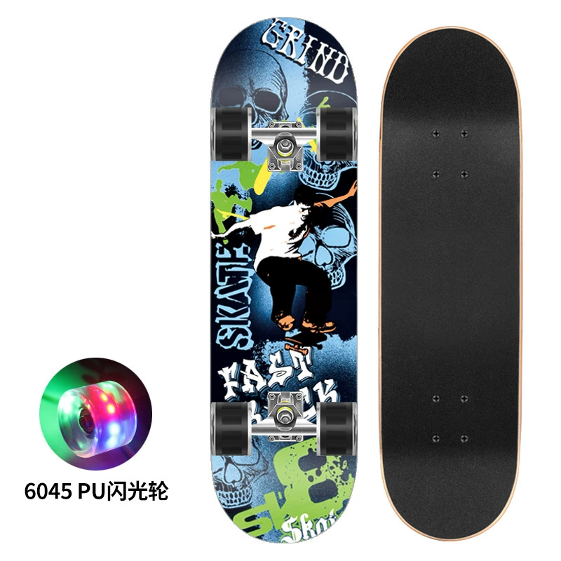 Polyurethane flash skateboard, 80×20 cm, double-kick deck, 6045 PU wheels, 300 lb load