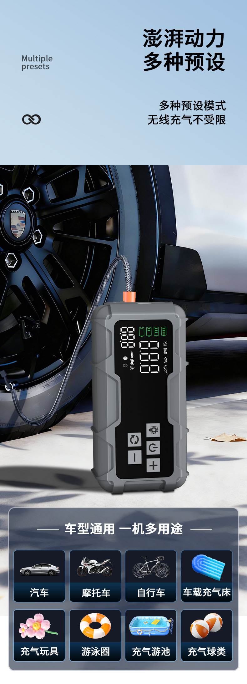 Car air pump and jump starter all-in-one device, emergency power supply, electric air pump, car jump starter device, air pump
