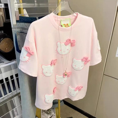 21本210g精櫛純綿夏アニメ猫刺繍蝶ネクタイ半袖tシャツ女性ゆるいファッション上着