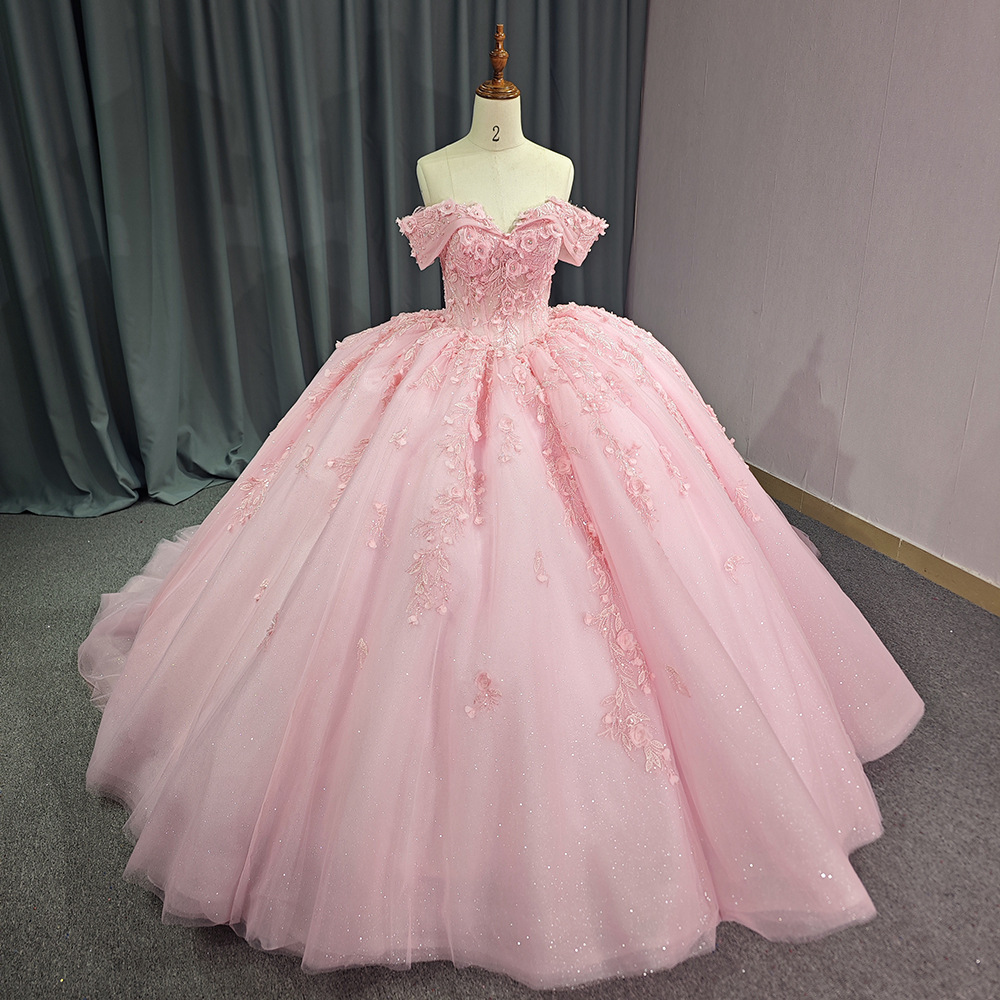 European and American Foreign Trade 2026 New Pink Off-Shoulder Ball Gown Evening Dress with a Small Train Bridal Tulle Wedding Dress