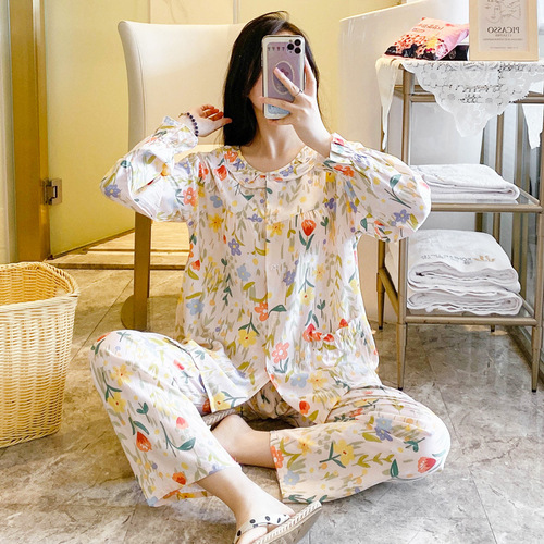 Women's Spring and Autumn Satin Pajamas - Summer Thin Satin Long Sleeve Man-made Cotton Cardigan Home Set Air Conditioning Suit Wholesale