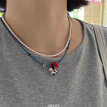 diy自制款可爱开心奶牛吊坠红串珠蓝珠夏季项链锁骨链配饰