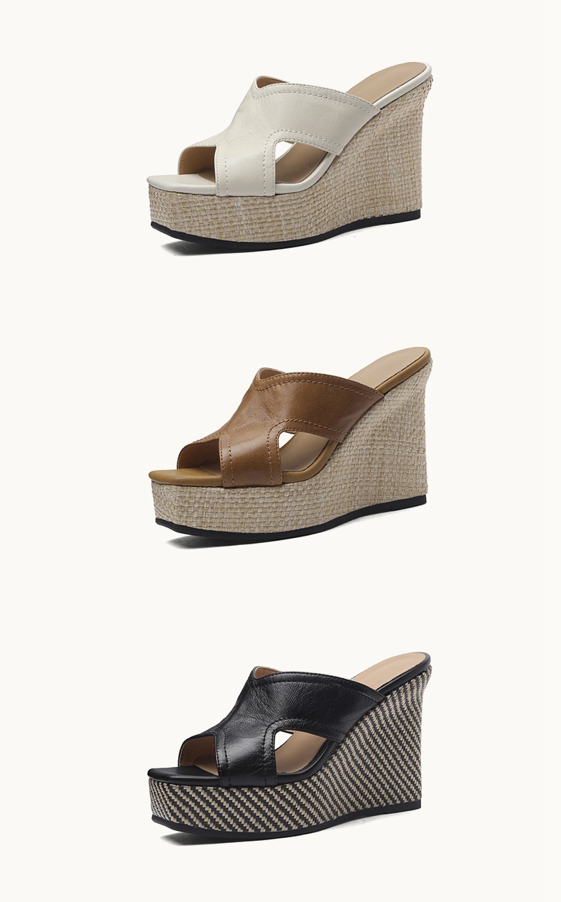 Sandal cao gót nữ hở mũi da dê đế xuồng dày — màu nâu chi tiết 9