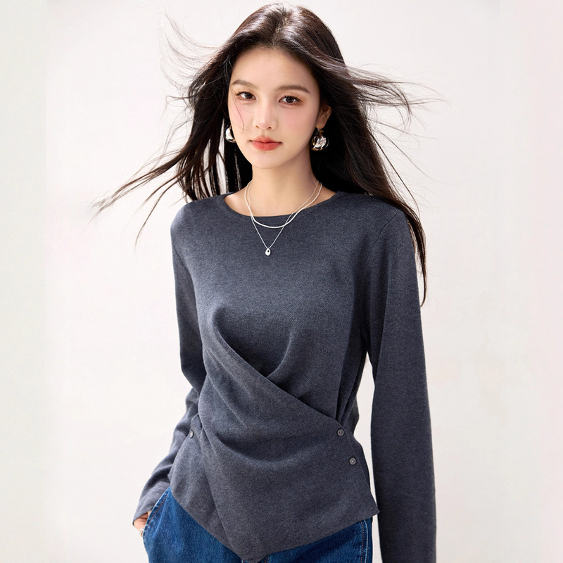 R5858纯色抽褶内搭长袖秋冬新款休闲品牌女装跨境虾皮货源针织上|undefined