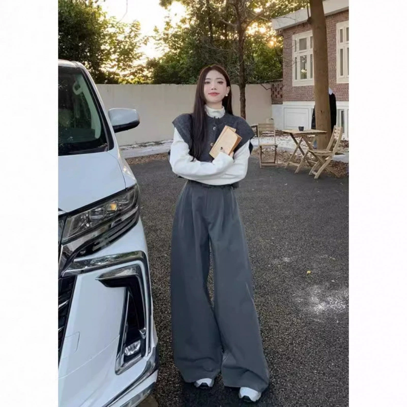 Французский винтажный трикотажный жилет широкие брюки с высоким воротником нижняя рубашка женская осень зима 2024 новый модный набор